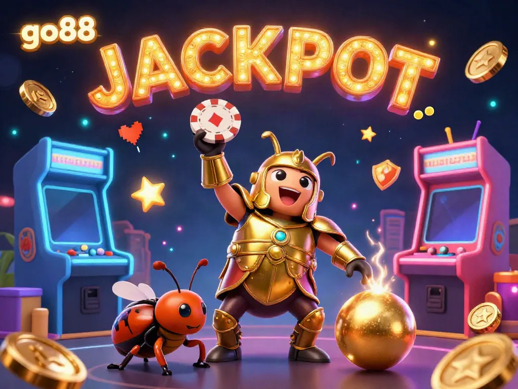 Go88 showcases a thrilling game scene with a victorious hercules beetle lifting a poker chip amid vibrant casino elements.