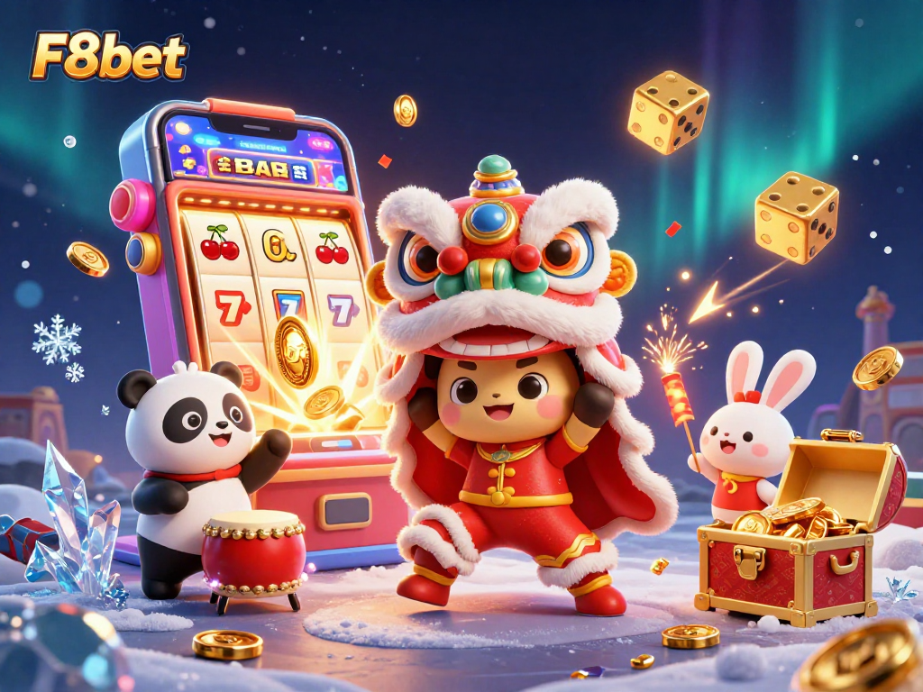 Experience the excitement of F8bet with vibrant characters and casino games in a lively celebration