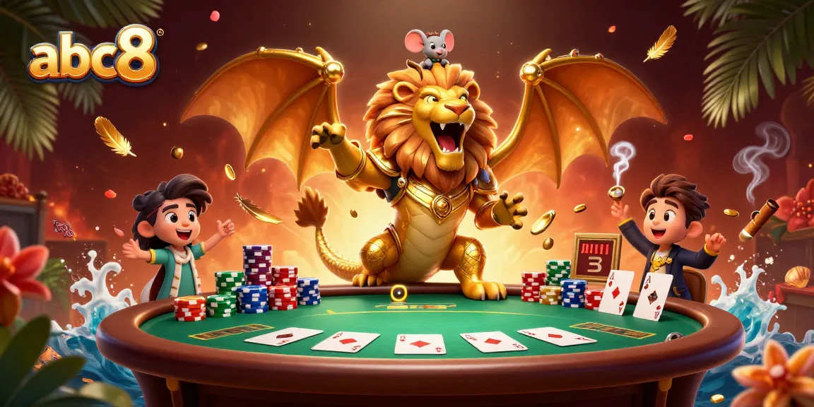 Engage in thrilling action at abc8 with a golden chimera and poker elements flying around.