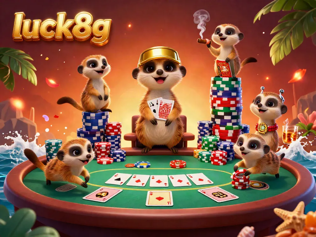 Engage with the lively casino scene showcasing luck8g, featuring meerkats in an energetic chip-stacking operation.