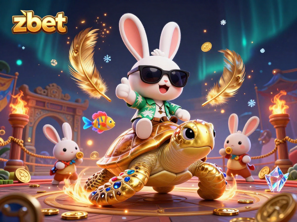 Zbet's adorable lucky rabbit promotes fun gameplay while riding a golden sea turtle amidst vibrant casino elements.