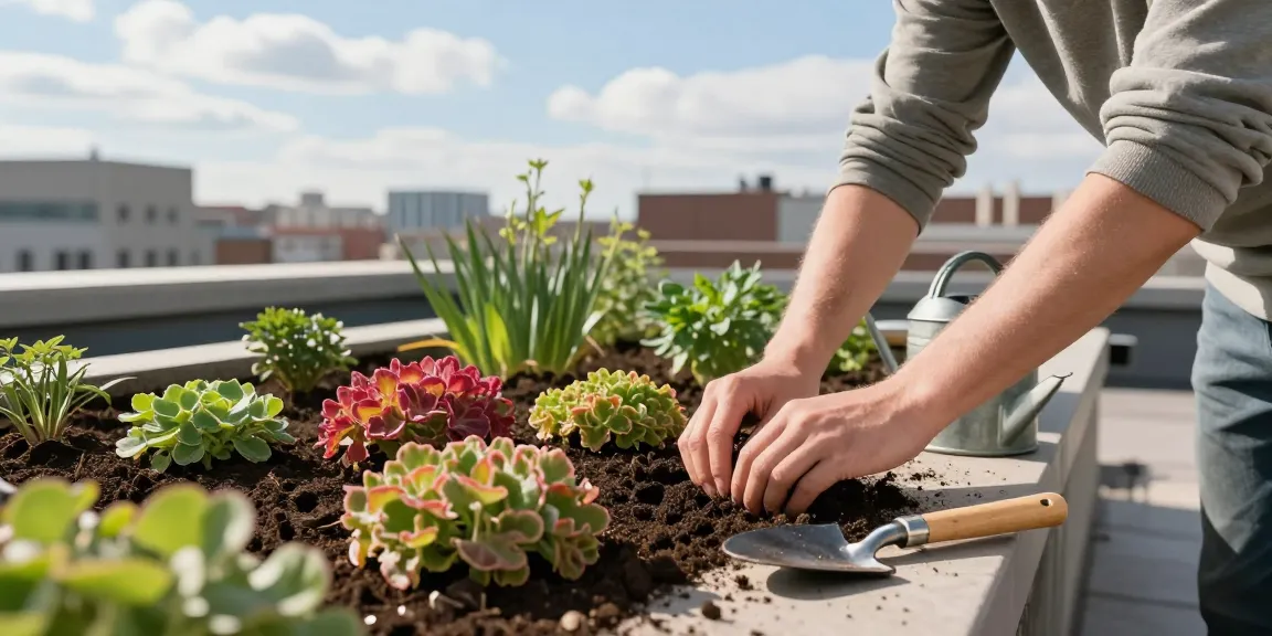 Groendak aanleggen met levendige sedumplanten die worden geplant op een zonnig stedelijk dak.