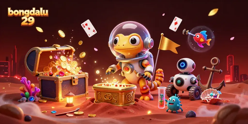 Engage with bongdalu 29's vibrant Martian casino adventure featuring lively characters and gambling elements.