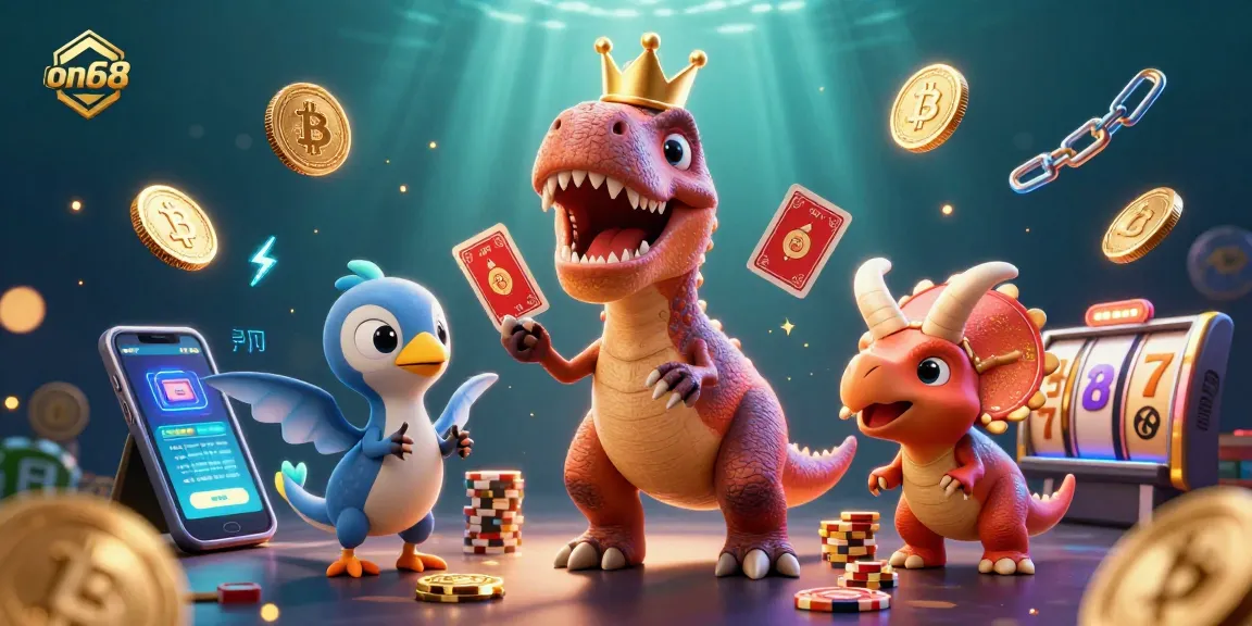 on68's thrilling slot experience with a T-Rex card dealer and a triceratops stacking chips.
