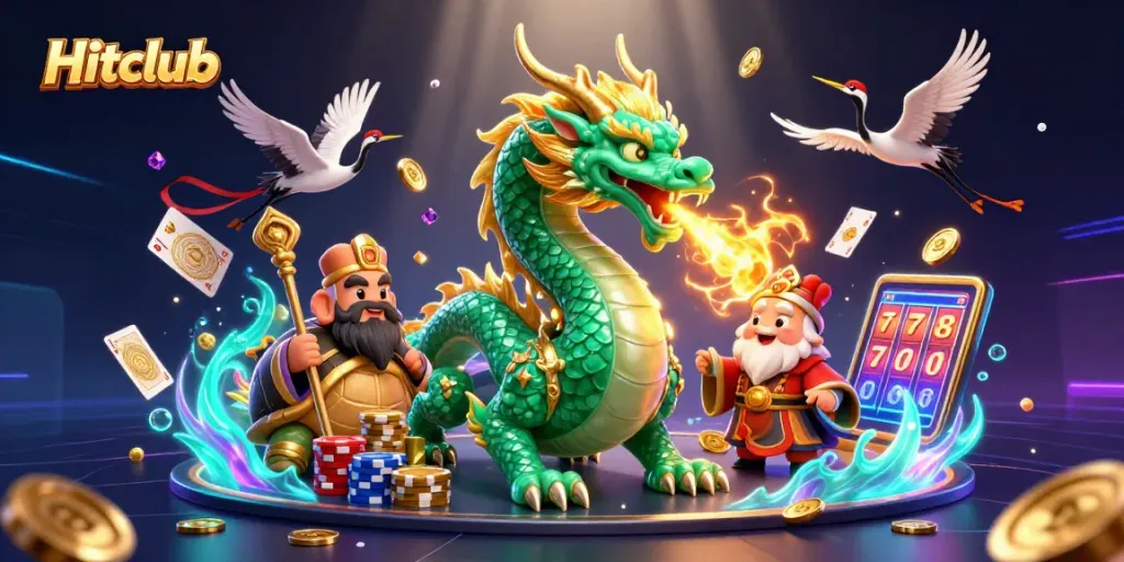 Experience the thrill of Hitclub with engaging casino scenes featuring dragons, turtles, and lucky cranes.