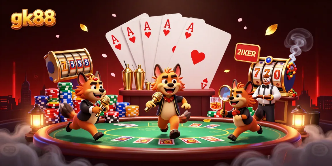 Experience the vibrant gk88 casino with hyena characters in a colorful, engaging scene of entertainment and gaming.