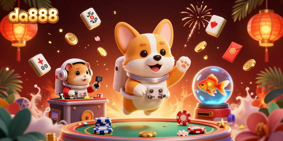 Engage with da888 in this vibrant casino adventure featuring a floating corgi, coins, and festive elements.