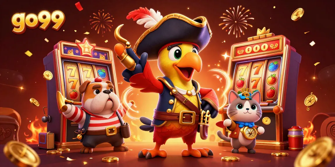 Engage with go99's dynamic casino world, featuring vibrant slot machines and colorful characters.