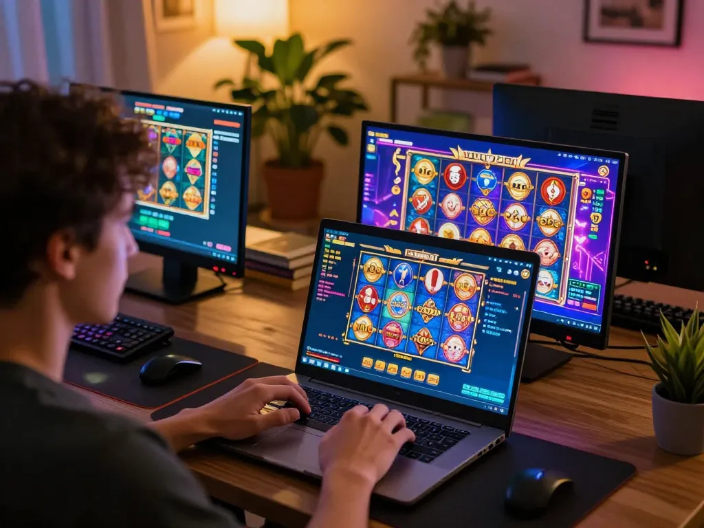Engaging in exciting F8bét casino games at home on a laptop, showcasing colorful slot interfaces.