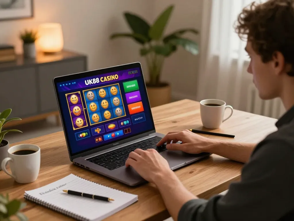 uk88 user engaging with online slots at a stylish home setup with gaming notes