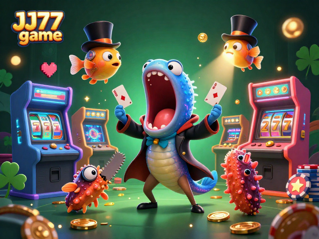 Engage with the exciting JJ77 game featuring a deep-sea eel magician in a vibrant casino scene.