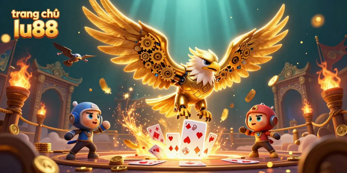 Experience the thrilling dive of the cybernetic eagle at trang chủ lu88, surrounded by casino elements.