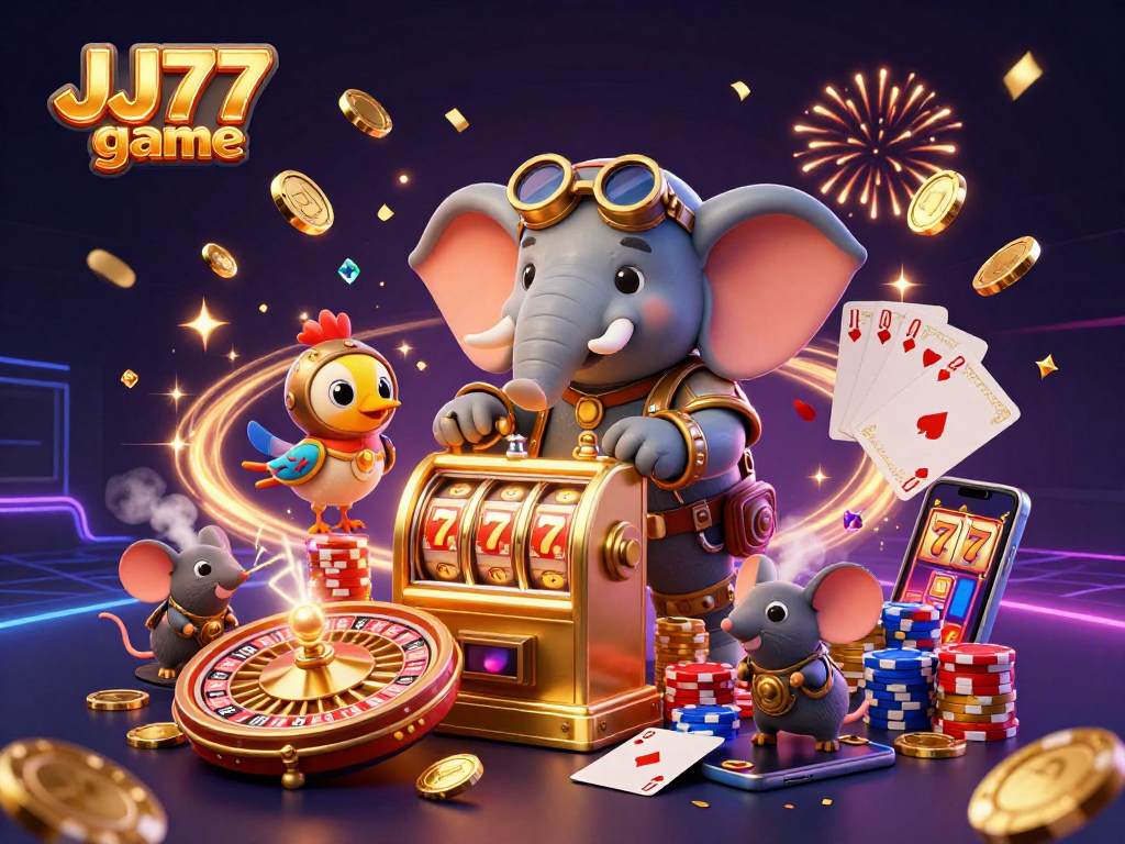 Experience the excitement of the JJ77 game with a steampunk-themed casino scene full of animated characters and vibrant game elements.