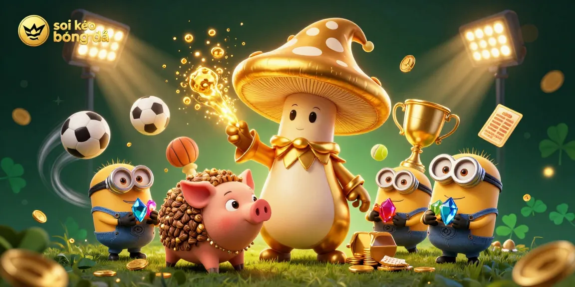 Engage in soi kèo bóng đá with dynamic sports elements and a magical illustration of a golden mushroom wizard.