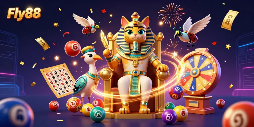 Experience the excitement of Fly88 as an Egyptian pharaoh cat revels in a vibrant gambling celebration.