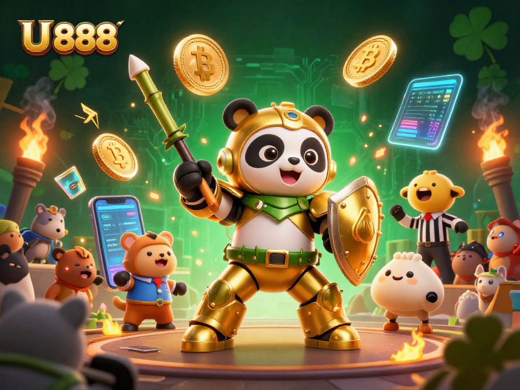 Experience the excitement of U 888 with dynamic 3D illustration featuring a mech-suit panda in a thrilling arena.