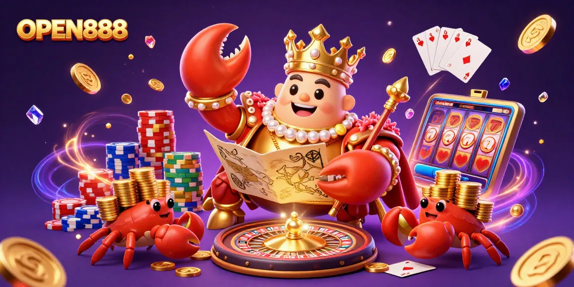 Experience the excitement of OPEN888 with a vibrant 3D casino scene featuring a golden crab and treasure.