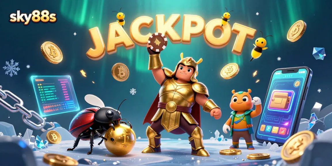 Experience sky88s thrill with 3D beetles celebrating jackpot among glowing crypto coins.