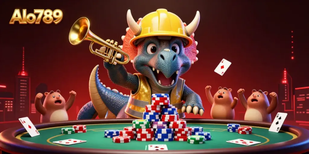 Alo789 casino scene with cartoon triceratops and poker elements, celebrating victory in gaming.