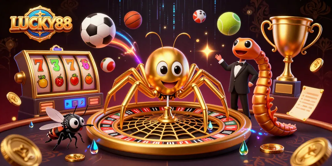 Experience the thrill of LUCKY88 with this vibrant 3D casino illustration featuring a dynamic golden web and game elements.