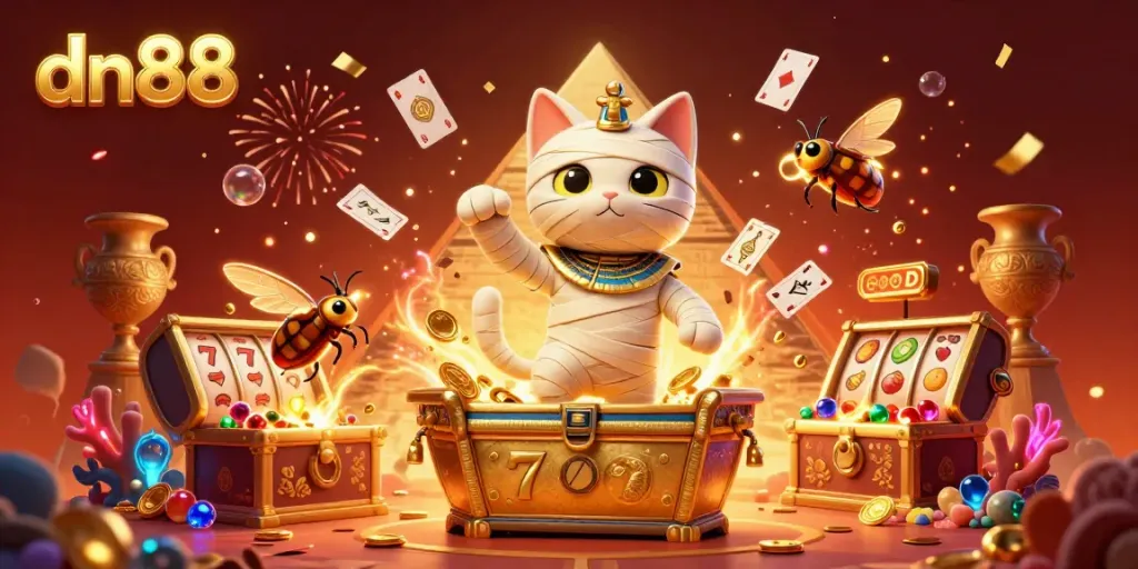 Engage with dn88's vibrant pyramid casino scene featuring a mummy cat and golden scarab, showcasing exhilarating slots.
