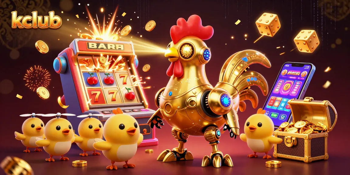 Experience excitement with kclub's jackpot scene featuring a golden rooster robot and vibrant game elements.