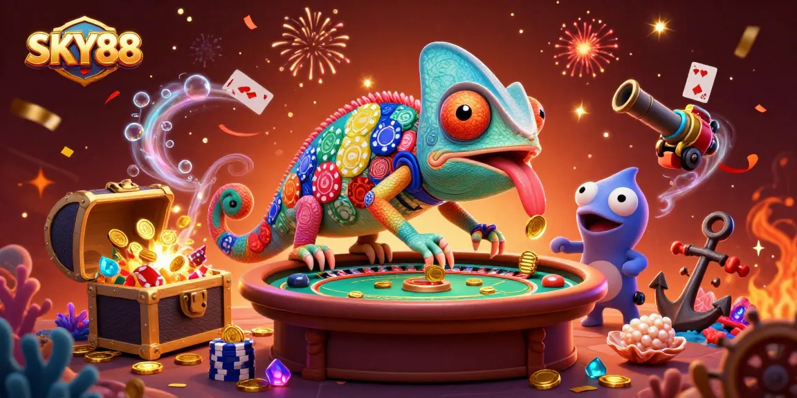 Experience the vibrant casino action with SKY88, featuring colorful characters and explosive gaming elements.
