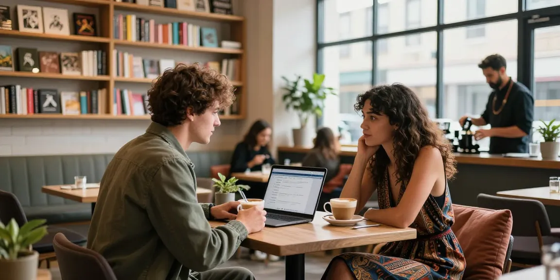 Couple enjoying f168 dating experience at a coffee shop, engaging in conversation