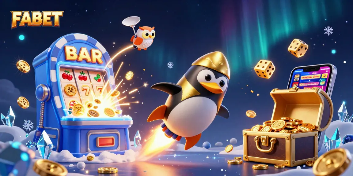 FABET showcases a vibrant casino adventure with a golden penguin, cosmic casino elements, and jackpot excitement.