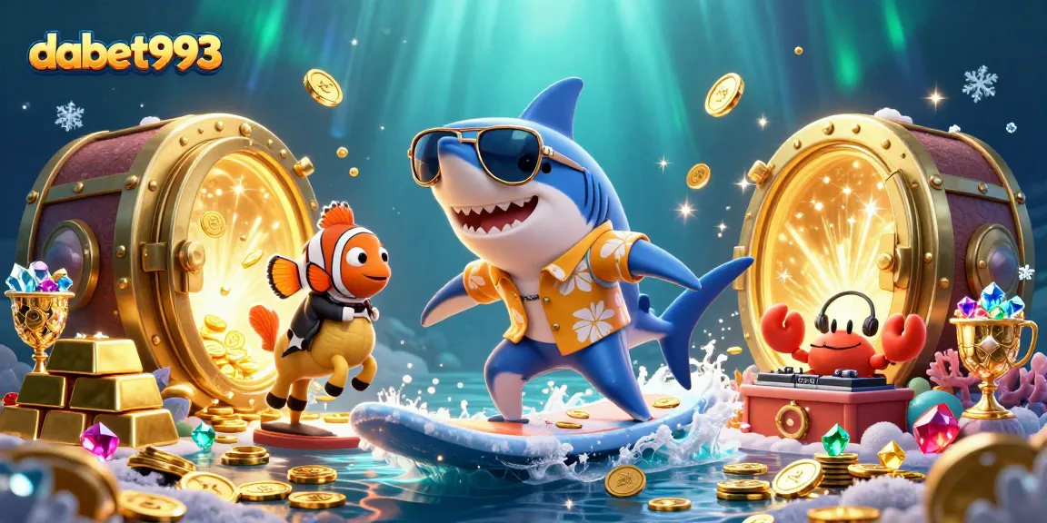 Engage in thrilling gaming with dabet993 as a cartoon shark surfs on gold coins amidst underwater treasure.