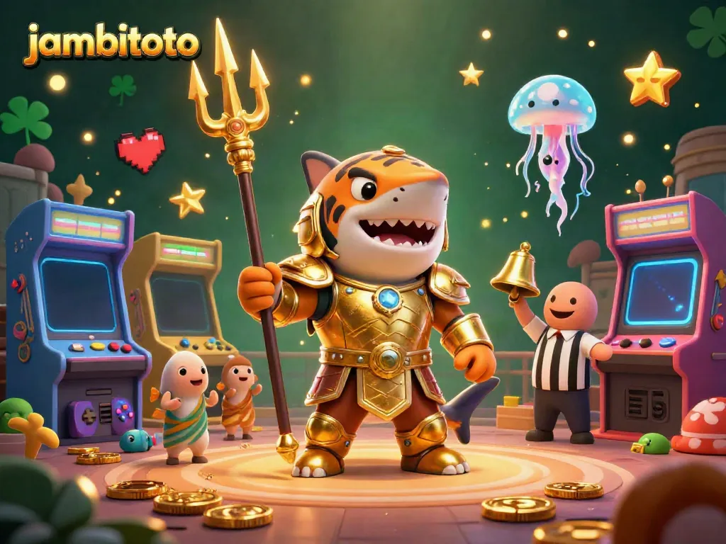 Experience exciting games at jambitoto with vibrant scenes featuring a tiger shark gladiator and dynamic gaming action.