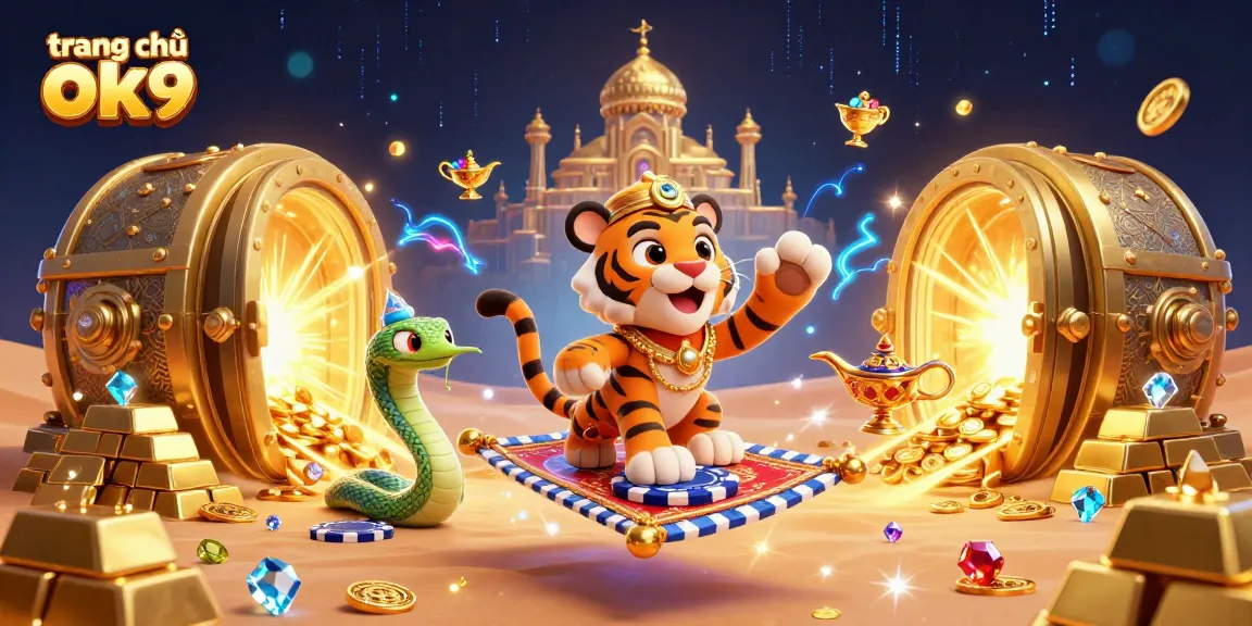Engage with the enchanting realm of trang chủ ok9 featuring a tiger sultan on a flying carpet amidst dazzling treasures and casino elements.