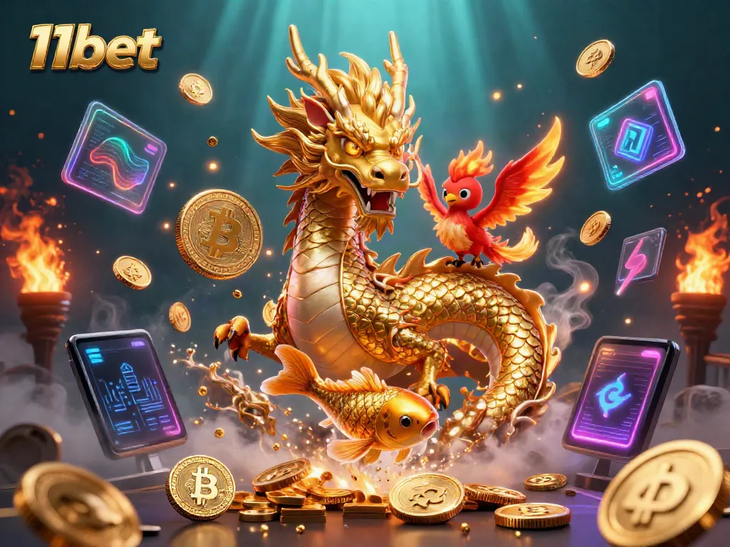 Experience the thrilling world of 11bet with a dynamic scene featuring iconic characters and cryptocurrencies.