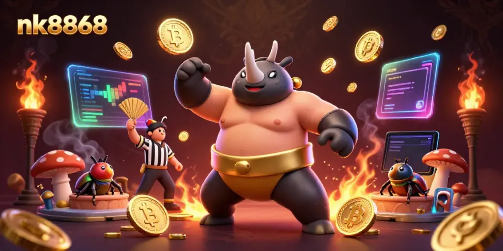 Experience thrilling wins at nk8868 with a vibrant and engaging digital casino scene, featuring a sumo champion.