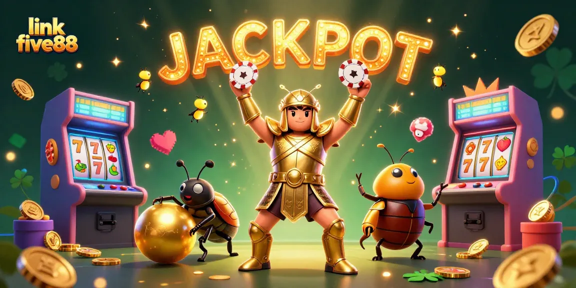 Engage with link five88 as a 3D cartoon hero beetle celebrates victory in a vibrant casino scene.