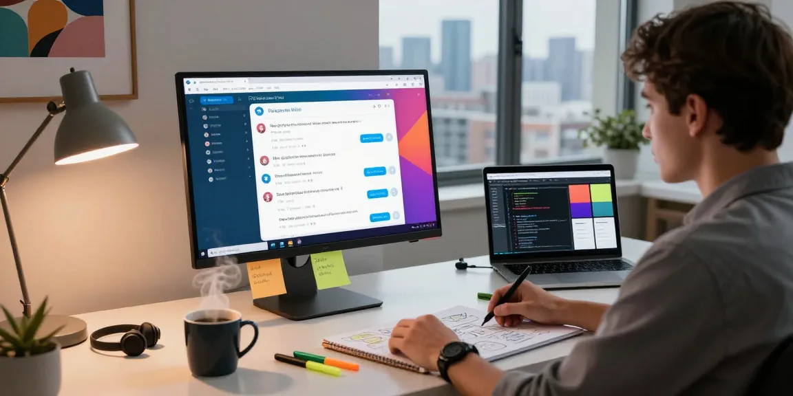 Using Telegram Web on a modern computer workspace with vibrant chat interfaces and a stylish desk setup.