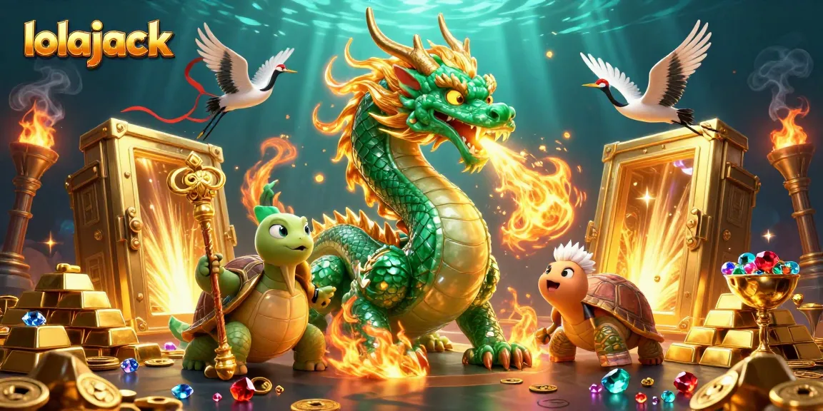 Experience the thrill of lolajack casino with an emerald dragon and lucky symbols in a vibrant scene.