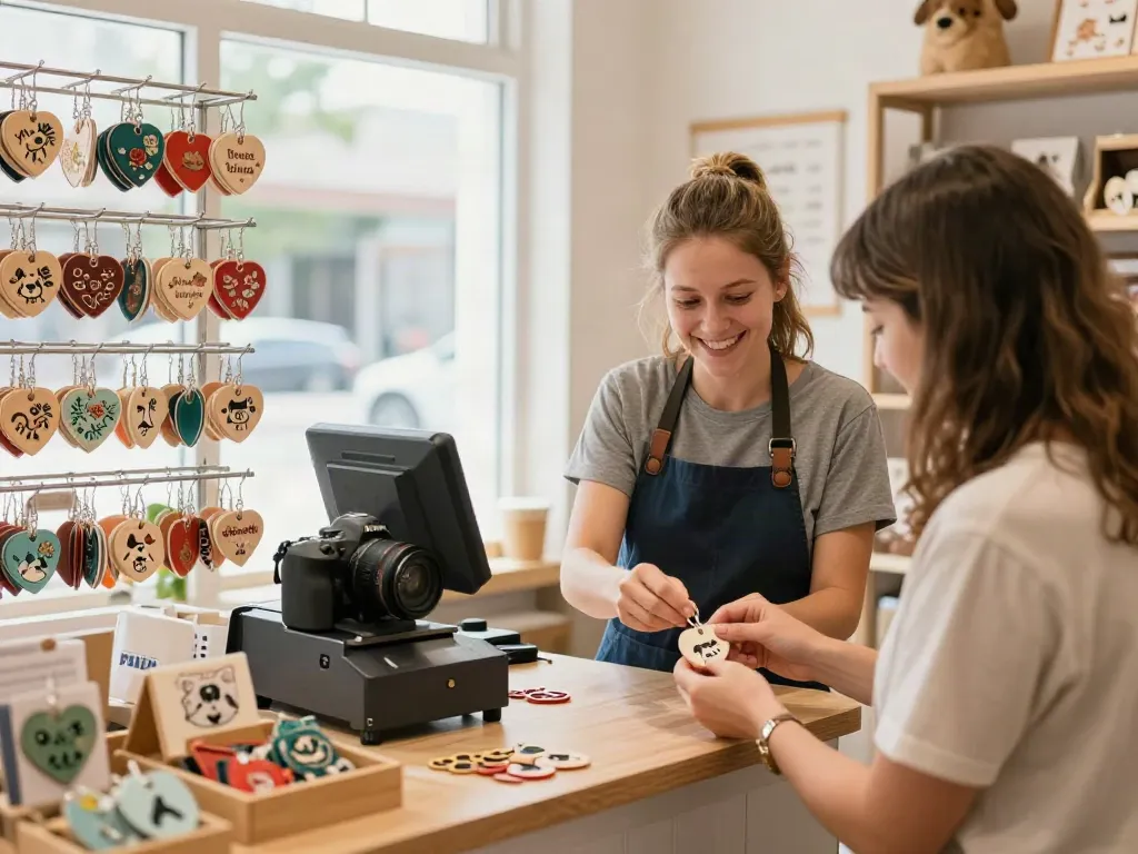 Gepersonaliseerde hondenpenning met gravure in een gezellige dierenwinkel.