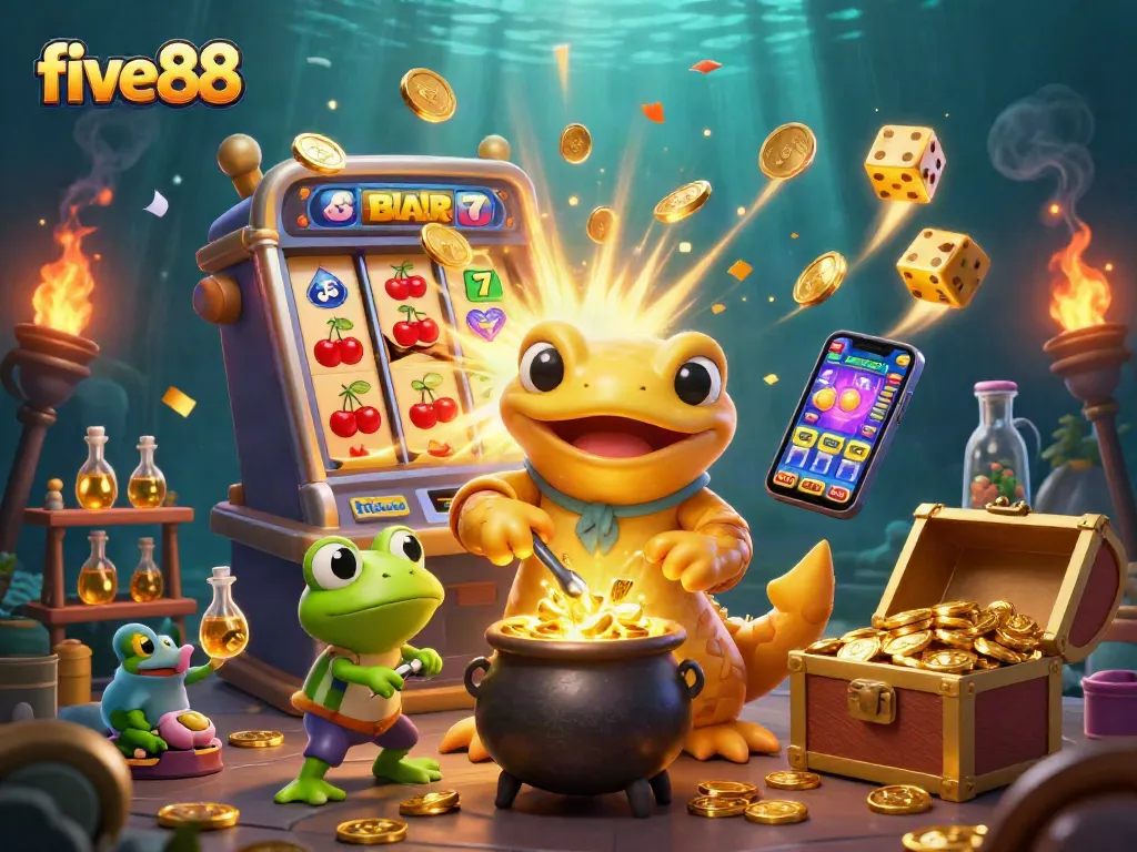Experience excitement with five88 in an enchanting 3D casino scene featuring golden elements and dynamic game symbols.