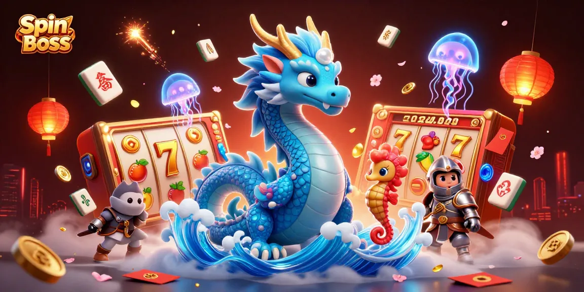 Spin Boss features a vibrant underwater scene with a dragon, seahorse knight, and lively casino game elements.