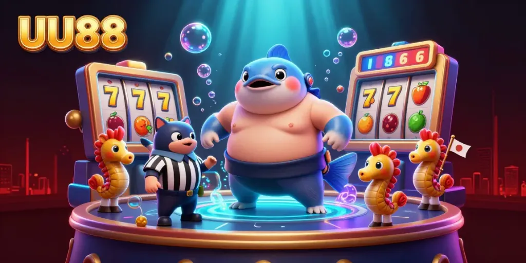 UU88 online casino illustration with a giant fugu and slot reels in an underwater scene.