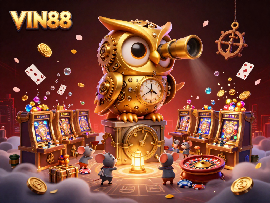 Experience the excitement of VIN88 with a captivating 3D illustration of a golden owl exploring a lively casino atmosphere filled with vibrant slot machines and poker elements.