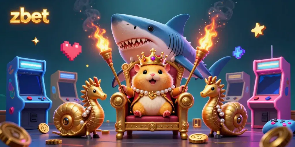 Engaging scene with zbet's golden hamster king and arcade elements, promoting online gambling excitement.