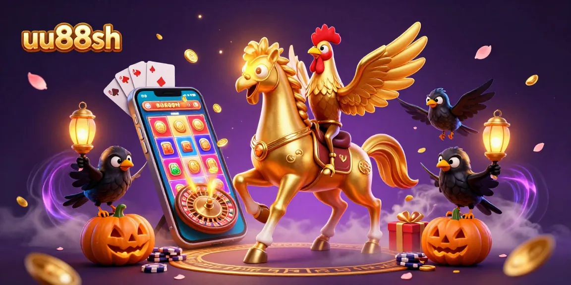 Engage with uu88sh's vibrant casino scene featuring a golden rooster, exciting slot games, and mystical elements.