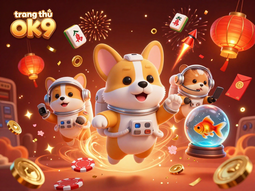 Experience the excitement at trang chủ ok9, featuring a thrilling space casino scene with a corgi astronaut and vibrant casino elements.