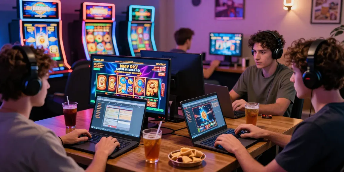 Aufregende Paysafe Card Casino-Szene mit Spielern, die Laptops und Smartphones für sicheres Online-Gaming verwenden.