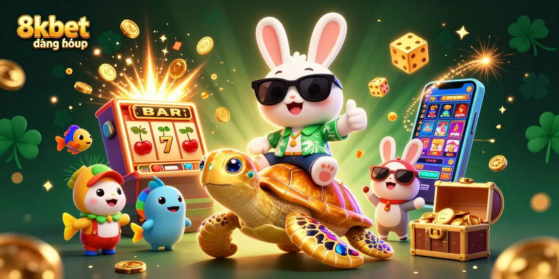 Engage in thrilling casino fun with 8xbet đăng nhập, featuring a lucky rabbit and golden turtle amid dynamic gaming elements.