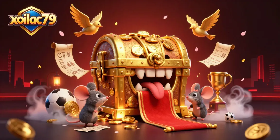 Engage with xoilac79's dynamic treasure chest illustration showcasing sports betting excitement.