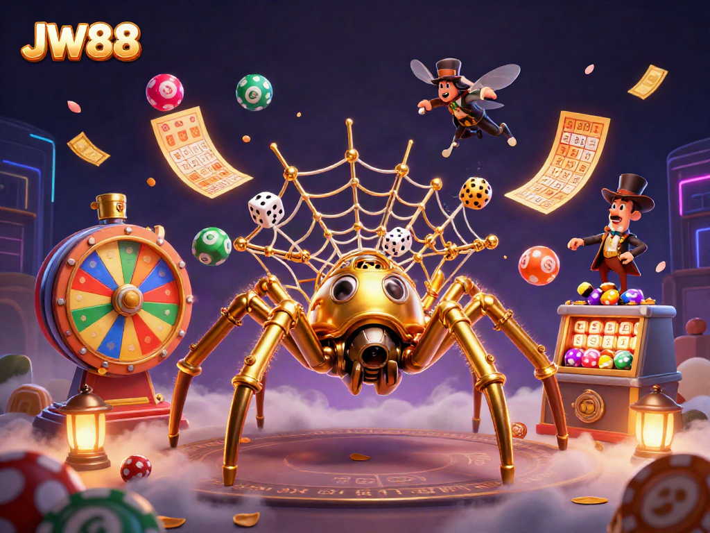 Engage in thrilling gaming at JW88 with a detailed 3D illustration of a steampunk spider web.