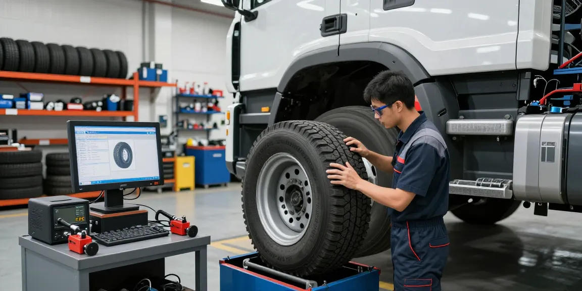 Expert mechanic inspecting Double Coin RR99 tire in automotive service center.